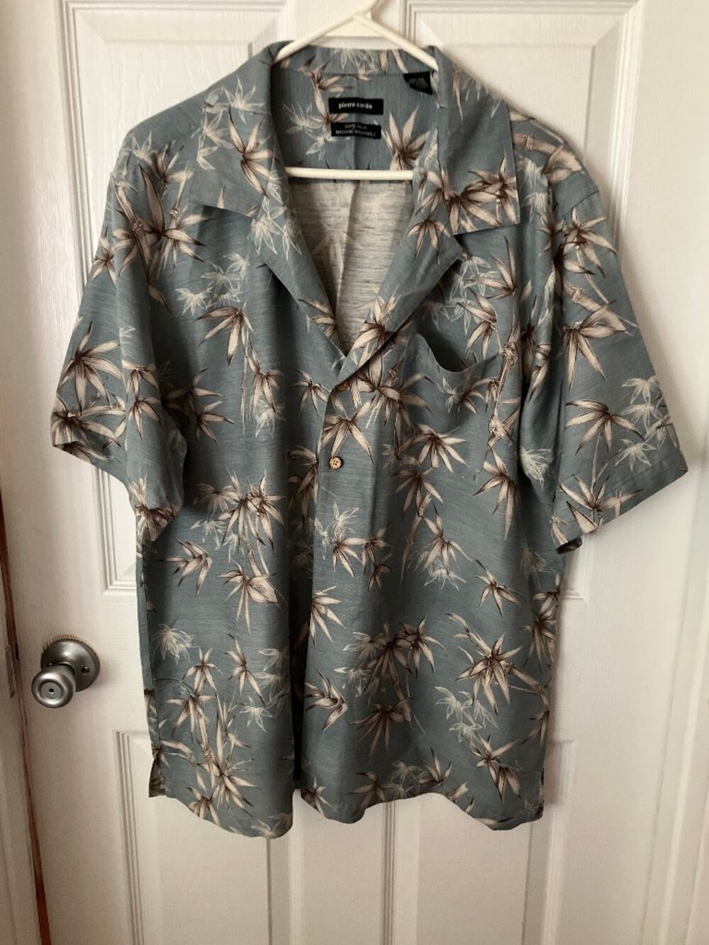 Pierre Cardin Men's Shirt 100% Washable Silk Blue tropical print Short slvs XL